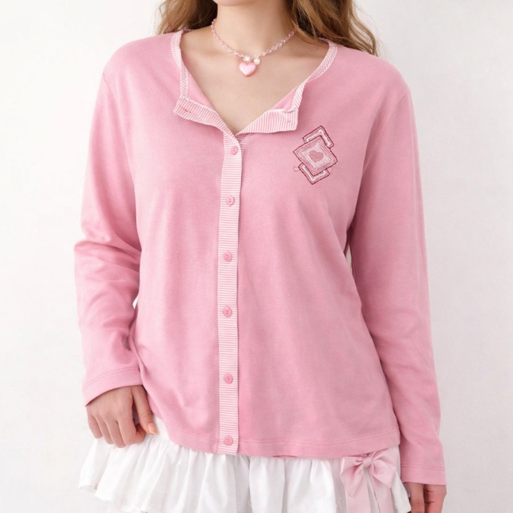 Y2K VERT POMME Pink Heart Patch Button Top Valentine Coquette Kawaii 90s Size L